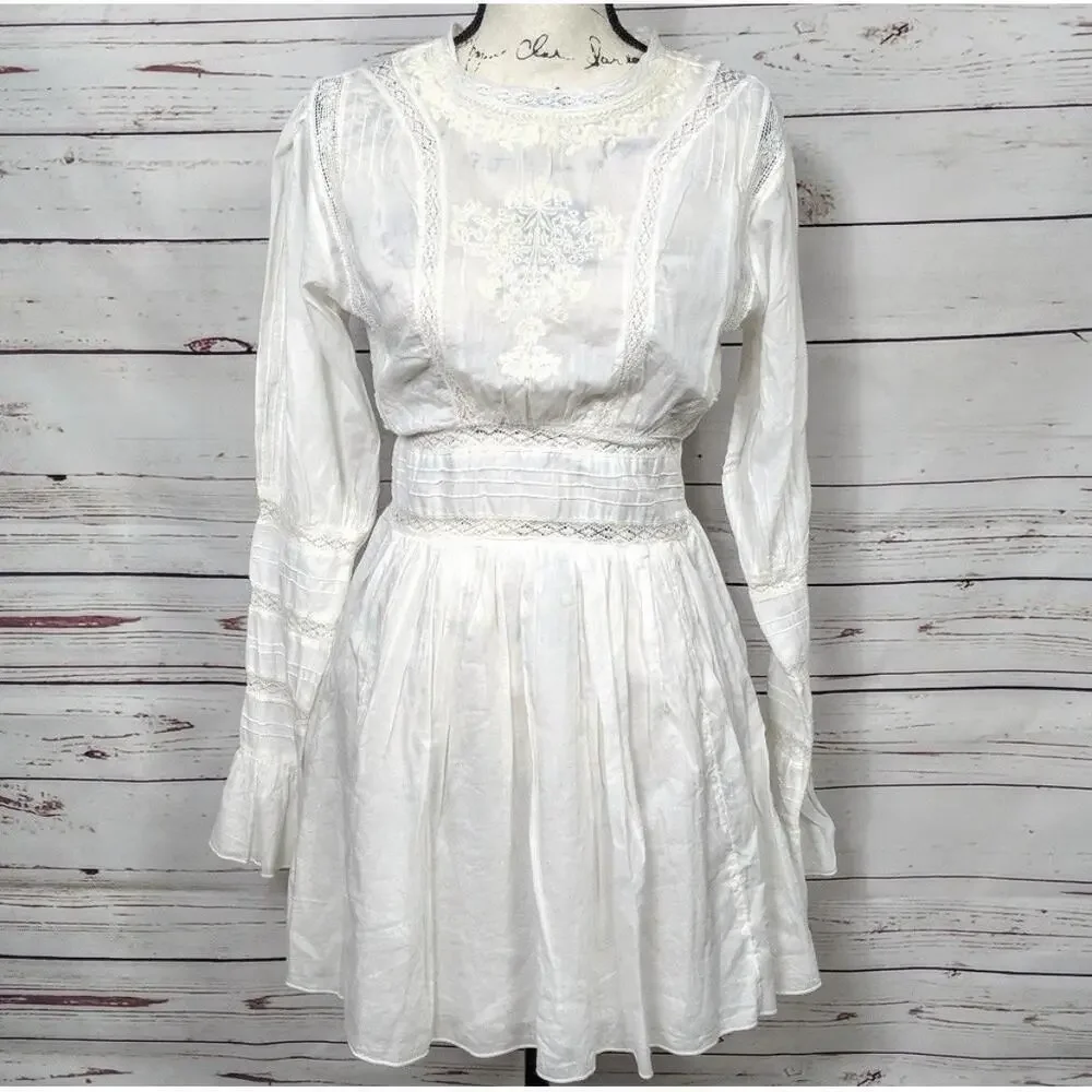 NWOT Free People Ivory Victorian Waisted CROCHET Mini Dress 2 Lace Cotton Womens